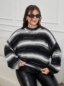 SHEIN Cottnline Plus Size Women Brushed Effect Striped Knit Design Sweater - Black and White - View 5