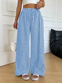 SHEIN EZwear Quần ống rộng kẻ caro buộc eo thường ngày cho nữ - Xanh và trắng - Xem 6