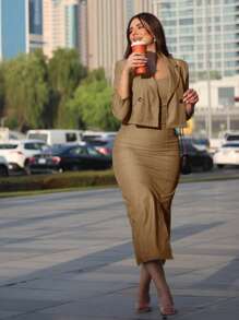 Modelyn Bộ vest xám cho nữ, Mùa thu, Trang phục công sở, Trang phục thường ngày thanh lịch Áo khoác blazer ngắn & Váy hai dây, Bộ trang phục công sở thường ngày cho công việc/công sở/trường học/Trang phục thường ngày thường ngày/buổi tối hoặc bất kỳ dịp trang trọng nào khác Bộ 2 món - Lạc đà - Xem 2