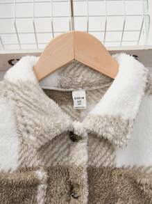 青少年女孩时尚双面格子长袖开衫夹克和围兜裤套装，加厚羊毛 - 彩色 - 查看 5