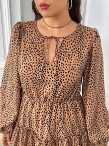 SHEIN Essnce 大码女式秋冬时尚休闲宽松棕色领带腰长袖短裙，秋季女装，优雅服装，冬装，冬装，工作服，母女服装，感恩节女装，豹纹连衣裙，波西米亚风 - 棕色 - 查看 3