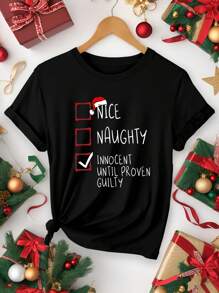 SHEIN LUNE Women's Casual Christmas Hat & Slogan Print Short Sleeve T-Shirt, Summer Graphic Tees Women Tops