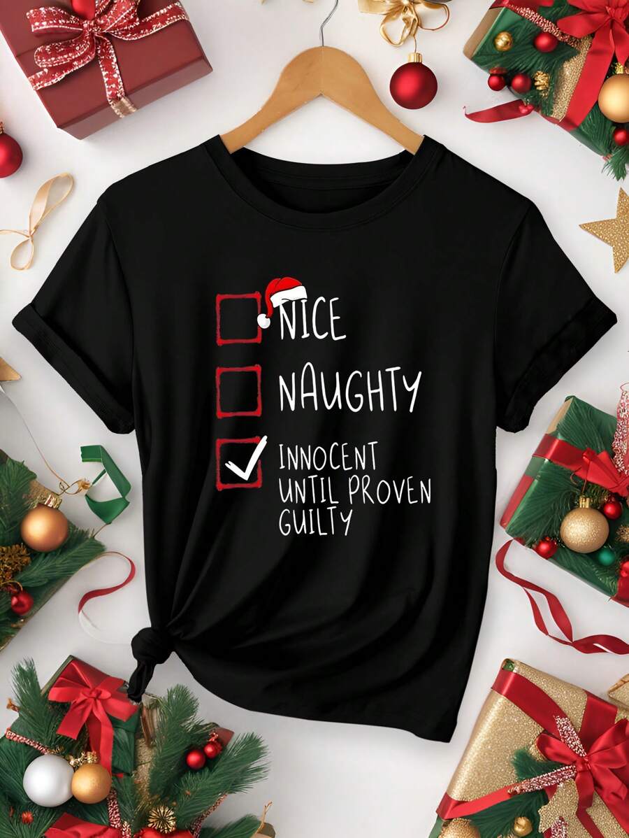 SHEIN LUNE Women's Casual Christmas Hat & Slogan Print Short Sleeve T-Shirt, Summer Graphic Tees Women Tops