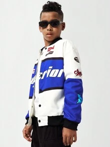SHEIN Tween Boy Letter Print Fleece Baseball Jacket, Autumn/Winter - Blue - View 3