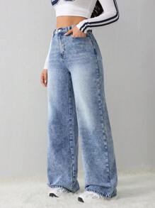 SHEIN Tall 女士牛仔裤休闲宽松直筒裤蓝色冬季牛仔裤高腰女士牛仔裤 - 淺色水洗藍 - 查看 2