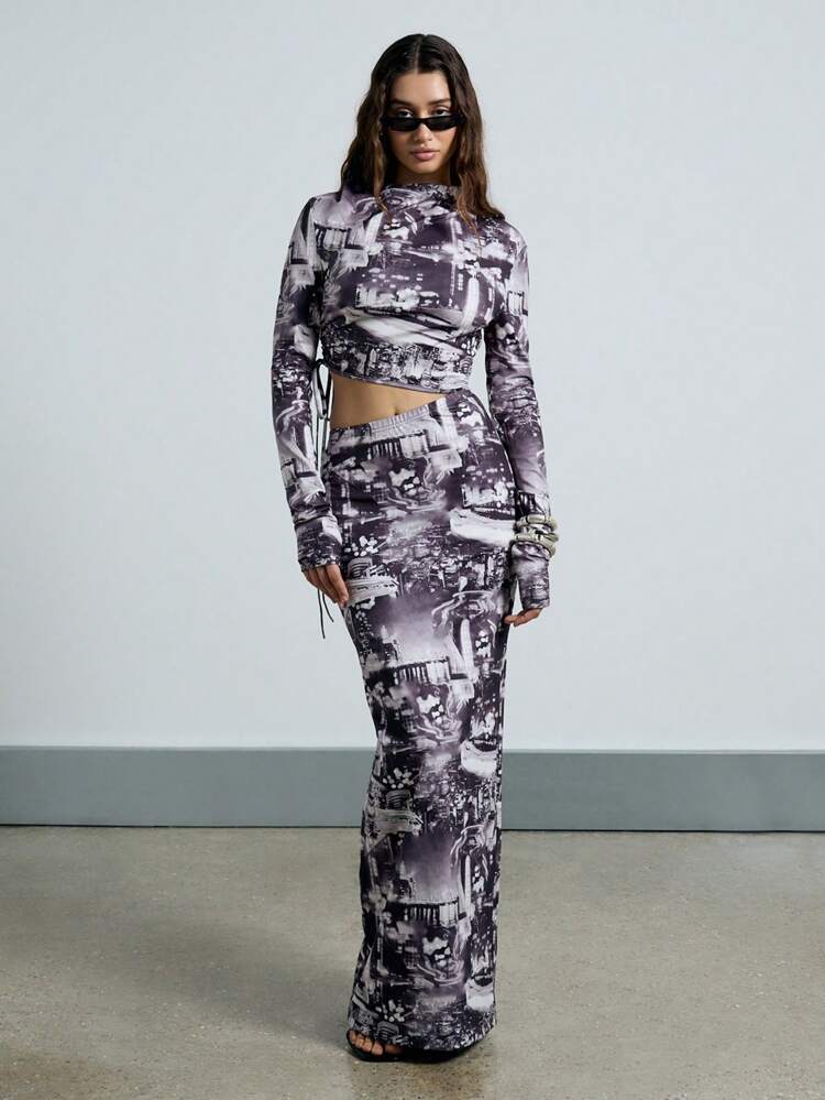 Printed Stand Collar Long Sleeve Cut Out Detail Ruched Side With Tie Bodycon Maxi Dress