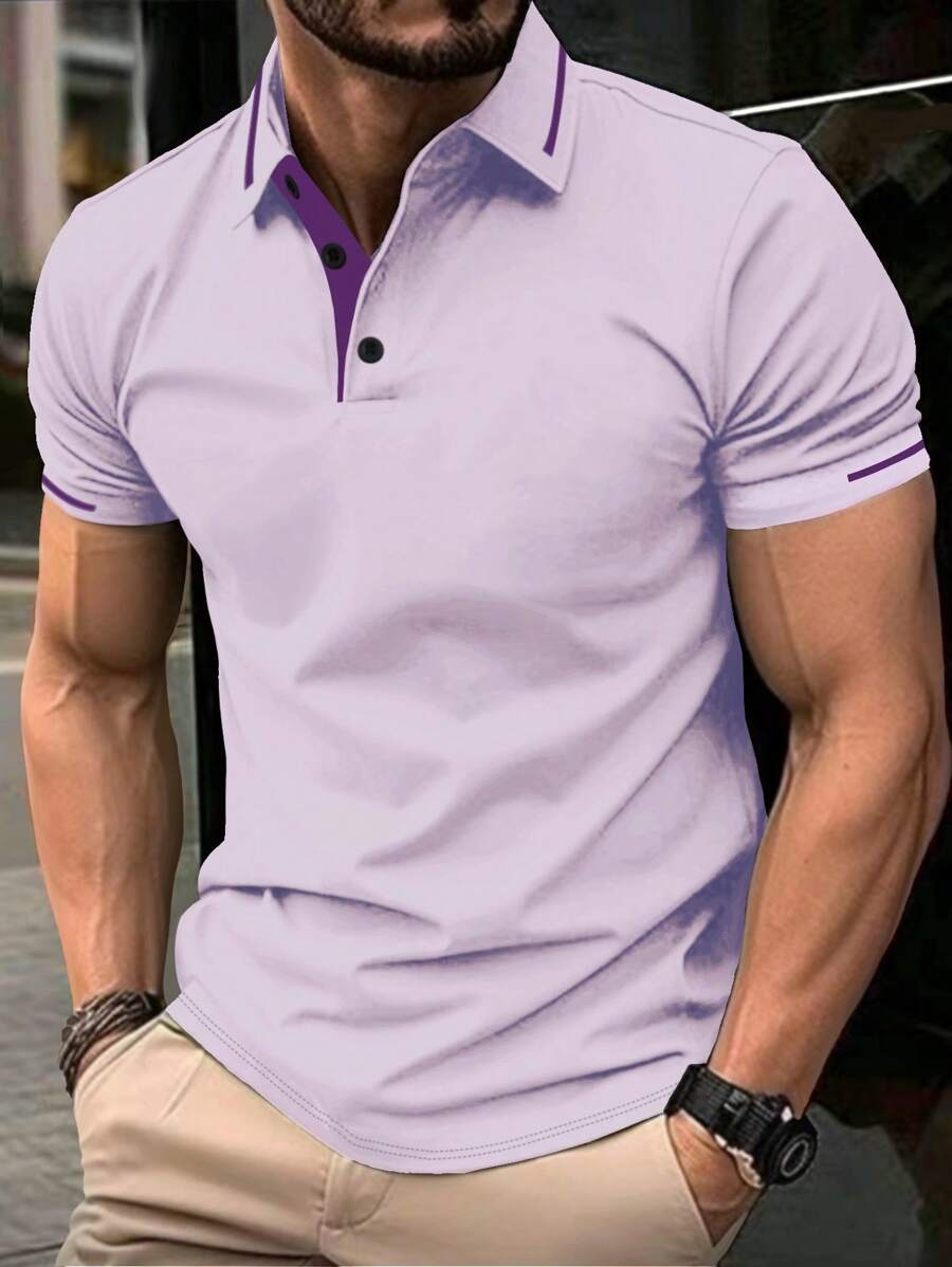 Manfinity Homme Men's Stripe Short Sleeve Casual/Office Polo Shirt - Mauve Purple - View 1