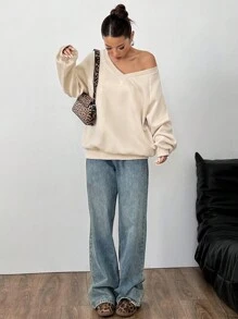 SHEIN Unity 超大纯色 V 领长袖休闲运动衫 - 杏色 - 查看 3