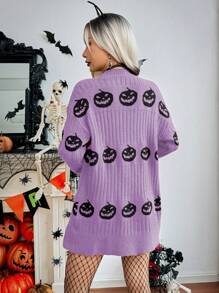 Chiquease Áo len cardigan dài tay họa tiết đầu lâu Halloween cho nữ, Thu/Đông - Màu tím - Xem 2