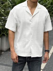 Manfinity Homme Manfinity CasualCool 1 件男士休闲纯色纹理翻领纯色短袖衬衫，男友礼物，圣诞礼物白色纽扣男士衬衫，提花面料，适合男友礼物 - 白色 - 查看 6