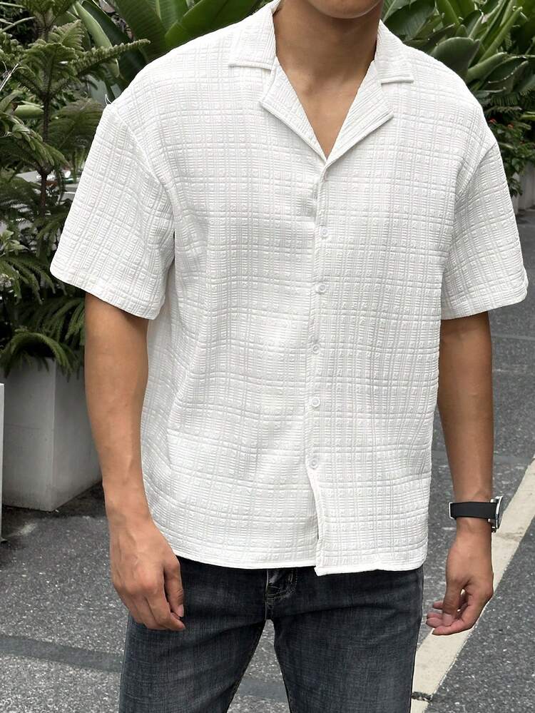 Manfinity Homme Manfinity CasualCool 1 件男士休闲纯色纹理翻领纯色短袖衬衫，男友礼物，圣诞礼物白色纽扣男士衬衫，提花面料，适合男友礼物 - 白色 - 查看 6