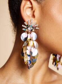 SHEIN SXY Women Fashionable Exaggerated Colorful Crystal Disc Earrings - Yellow Gold - View 2