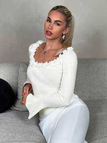 SHEIN Unity 3D Floral Knitted Sweater With Flared Sleeves, Elegant, Fall Winter - Apricot - View 6