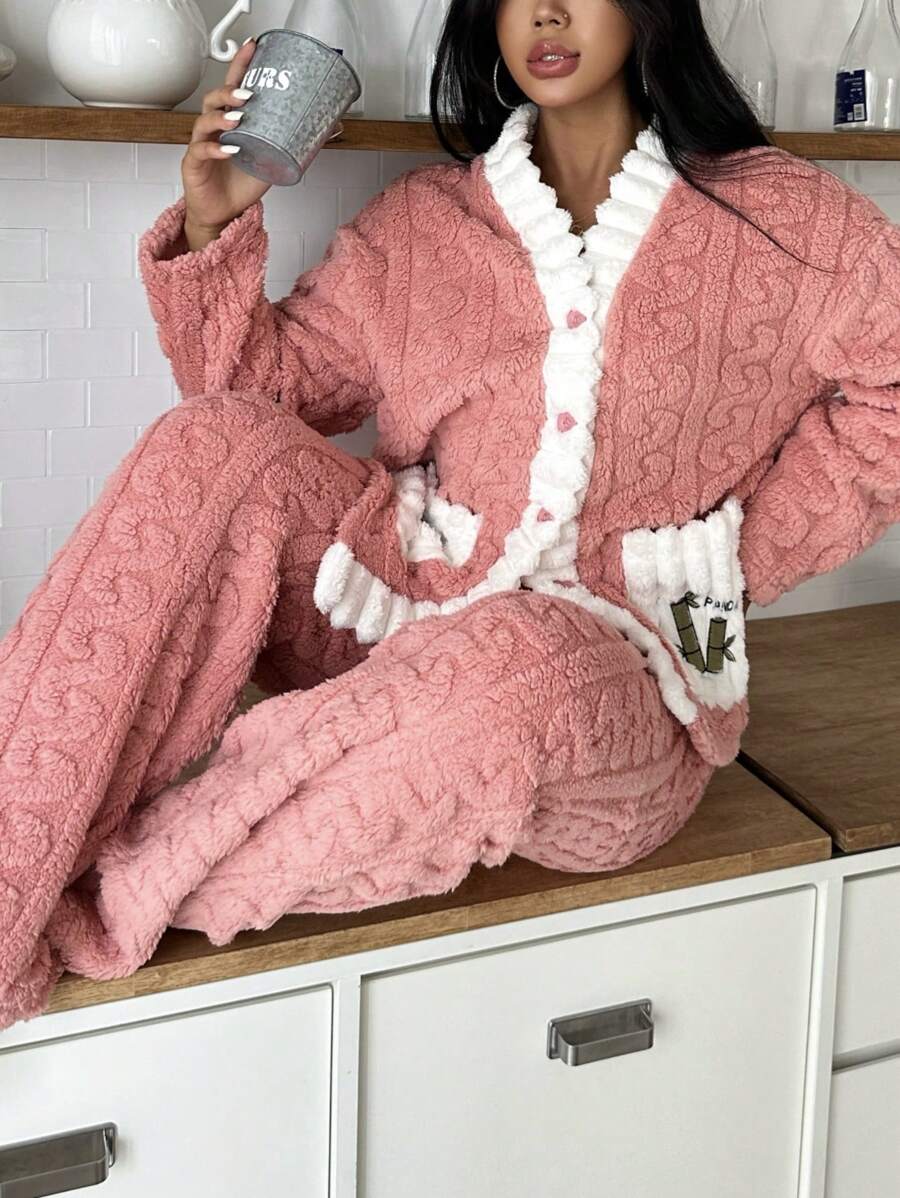 女士冬季毛绒熊印花长袖上衣和裤子睡衣套装 - 彩色 - 查看 1