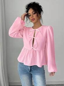 INAWLY Áo Peplum tay dài buộc nơ phía trước giản dị rộng rãi - Hồng - Xem 3