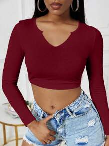 INAWLY 大码休闲纯色缺口领长袖 T 恤，秋季 - 酒紅色 - 查看 3