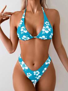 Swim Mod Summer Beach Floral Print Halter Backless Vacation Bikini Set - Multicolor - View 1
