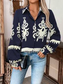 SHEIN LUNE Áo cánh tay đèn lồng in họa tiết cổ điển thường ngày cho nữ, mùa thu - Màu xanh hải quân - Xem 1