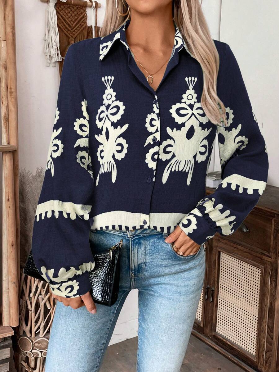 SHEIN LUNE Áo cánh tay đèn lồng in họa tiết cổ điển thường ngày cho nữ, mùa thu - Màu xanh hải quân - Xem 1