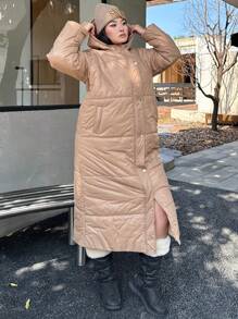 Flirla Plus Size Winter Clothes Hooded Zip Pockets Padded Long Padded Padded Coat, Khaki - Khaki - View 6