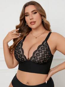 DesireSculpt Plus Size Lace Panel Wireless Bra