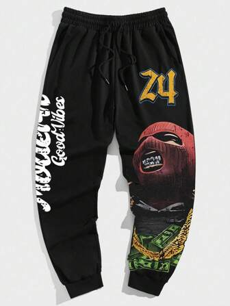 Street Life Pantalones joggers casuales para hombre con cintura con cordón y estampado de letras y números
