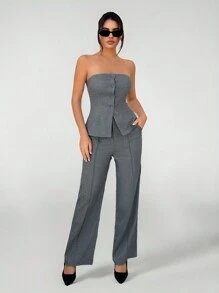 SHEIN Tall Women's Strapless Suit Set, Grey, For Office Wear & Teacher Outfits - Dark Grey - View 6