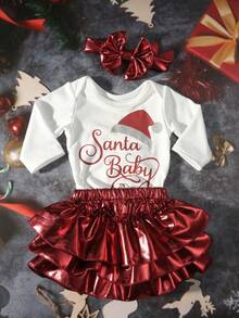 SHEIN 女婴圣诞拍照装，新生儿长袖衬衫，带荷叶边裙、短裤和头带套装 - 彩色 - 查看 2