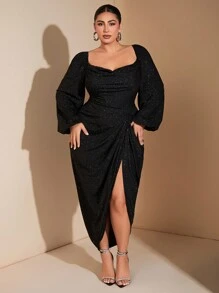 SHEIN BAE Elegantes Partykleid für Damen mit sexy Glitzer-Pailletten, drapiertem Ausschnitt, geraffter Taille und asymmetrischem Saum mit Schlitz, Langarm, für Herbst/Winter, Halloween-Party, Weihnachtsfeier, Thanksgiving, Weihnachten, Silvester, Große Größen