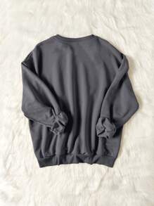 SHEIN LUNE 女式休闲花卉印花图案宽松圆领长袖运动衫 - 深灰色 - 查看 2