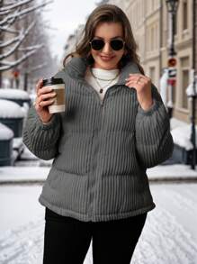 SHEIN LUNE Plus Size Women Christmas Green Geometric Pattern Regular Loose Fit Stand Collar Zip-Up Padded Coat, Winter Thickened  Jacket & Parkas Winter Coat