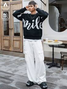 Manfinity Roghcode Men's Letter Pattern Crew Neck Long Sleeve Casual Sweater For Autumn And Winter - Black and White - View 5