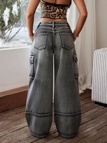 SHEIN ICON Women's Washed Vintage Wide-Leg Cargo Jeans