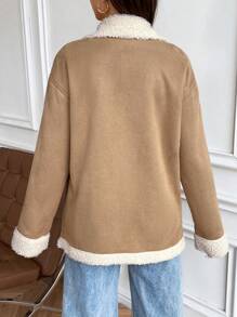 SHEIN Giacca premaman invernale in velluto colorblocco con tasche e cerniera, maniche lunghe - Cachi - Visualizzare 2