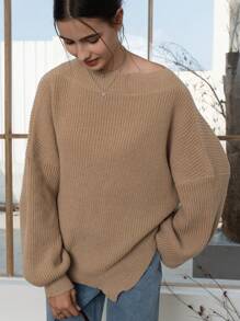 INAWLY 女士纯色不对称肩长袖休闲毛衣