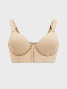 1 件女式米色前扣式无线加垫运动文胸，宽肩带，舒适无缝，单件包装 - 杏色 - 查看 7