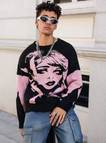 Manfinity Roghcode Men's Casual Portrait Pattern Loose Drop Shoulder Sweater, Suitable For Autumn/Winter Everyday Wear - Multicolor - View 1