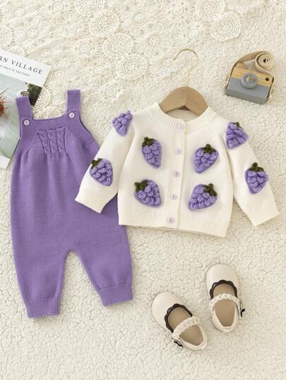 SHEIN Vintaside Kids Baby Girls Fashion Cute Mix & Match Grape Decor Cardigan And Knitted Jumpsuit 2pcs Set, Autumn/Winter