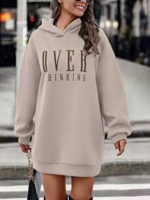 EMERY ROSE Casual Letter Print Hooded Long Sweatshirt, Autumn/Winter,Long Sleeve Tops Graduation,Back To School Outfits,Graduation,Teacher Outfits For Women,Back To School Pullover Fall Outfit - Coffee Brown - View 5