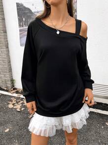 INAWLY Áo nỉ nữ dáng rộng, màu trơn, vai lệch, tay dài, thích hợp mặc mùa xuân thu. - màu đen - Xem 5