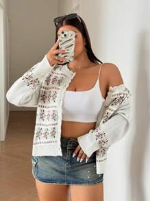 Calvaya Cárdigan con estampado floral y botones en la parte delantera para talla grande, de uso casual y diario para otoño/invierno - Multicolor - Ver 7