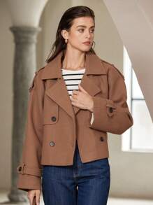 Aveloria Modichic Asymmetrical Flounce Collar Fashion Simple Versatile Commuter Loose Double-Breasted Overcoat - Camel - View 4