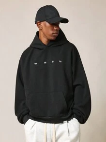 SUMWON Oversized Premium Fleece Pullover Hoodie Winter Collection Designer Artwork Streetwear Essential With Kangaroo Pocket Logo Detail Casual Athletic Wear - Black - View 2