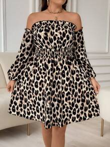 SHEIN Unity Vestido de manga larga con hombros descubiertos, volantes y estampado de leopardo, talla grande - Multicolor - Ver 8