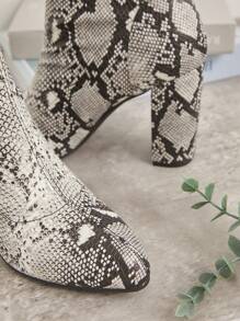 SHUZIA Snake Stretch PU Pointy Toe Bootie With Flare Heel Christmas Holiday Vacay Vibe For Fall And Winter - White - View 6