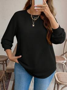 SHEIN LUNE 大码女式纯色简约长袖卫衣，适合日常穿着、节日、毕业典礼、返校季、毕业典礼、教师节等场合，秋冬季节皆宜。 - 黑色 - 查看 4