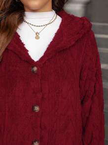 SHEIN LUNE Textured Plush Warm Comfortable Button Decorated Hooded Plus Size Jacket Winter Clothes Fall Autumn - Red - View 4