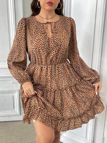 SHEIN Essnce 大码女式秋冬时尚休闲宽松棕色领带腰长袖短裙，秋季女装，优雅服装，冬装，冬装，工作服，母女服装，感恩节女装，豹纹连衣裙，波西米亚风 - 棕色 - 查看 1