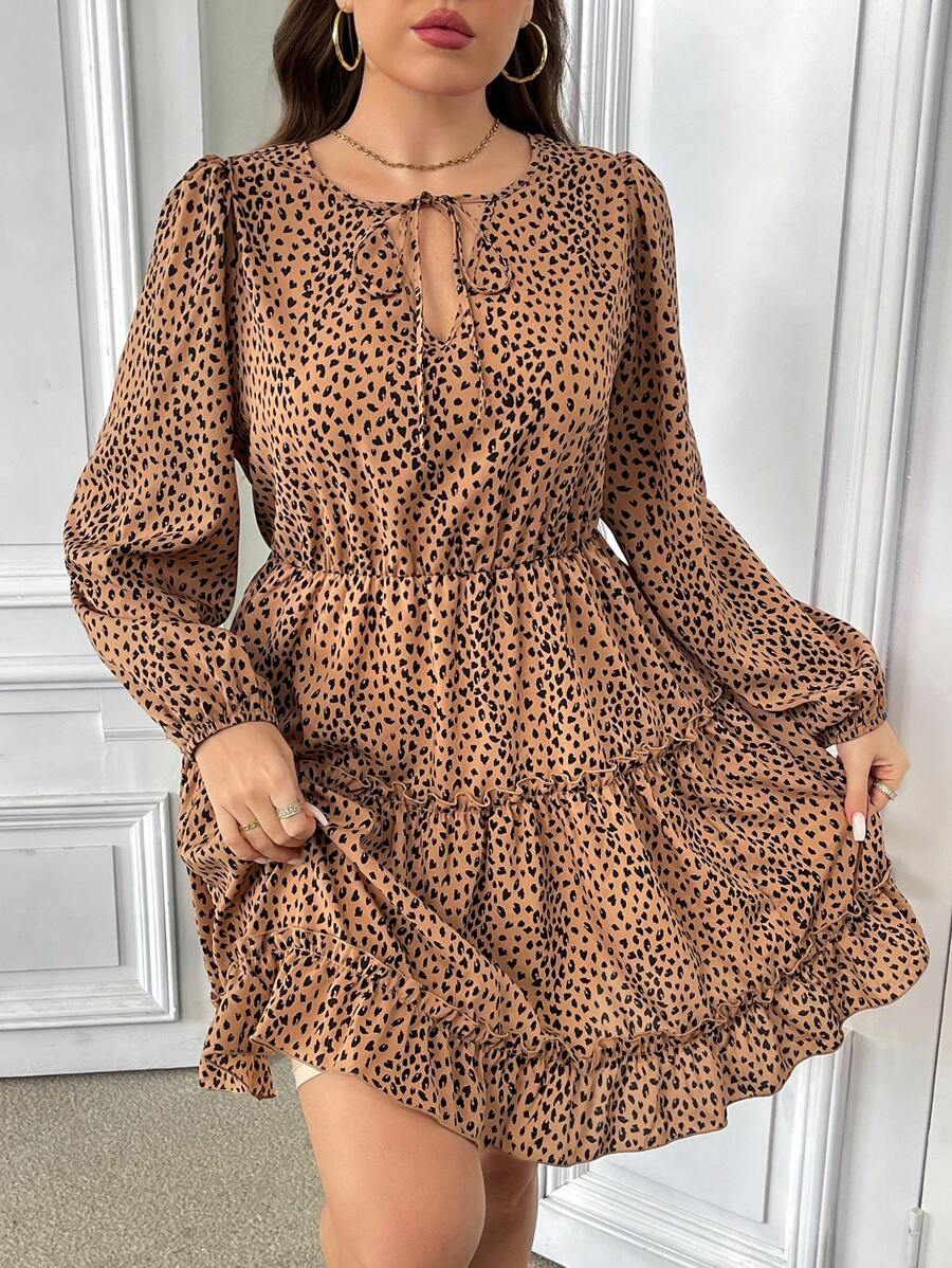SHEIN Essnce 大码女式秋冬时尚休闲宽松棕色领带腰长袖短裙，秋季女装，优雅服装，冬装，冬装，工作服，母女服装，感恩节女装，豹纹连衣裙，波西米亚风 - 棕色 - 查看 1