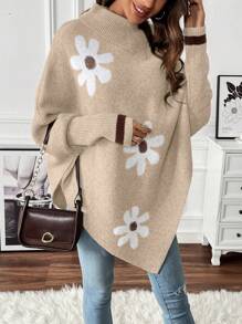 SHEIN Clasi Women Flower Pattern Batwing Sleeve Loose Knit Sweater, Casual For Daily Wear In Autumn/Winter